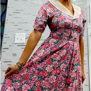 Vintage Laura Ashley Cottagecore pink/green Maxi Floral Dress sz 12 EUC